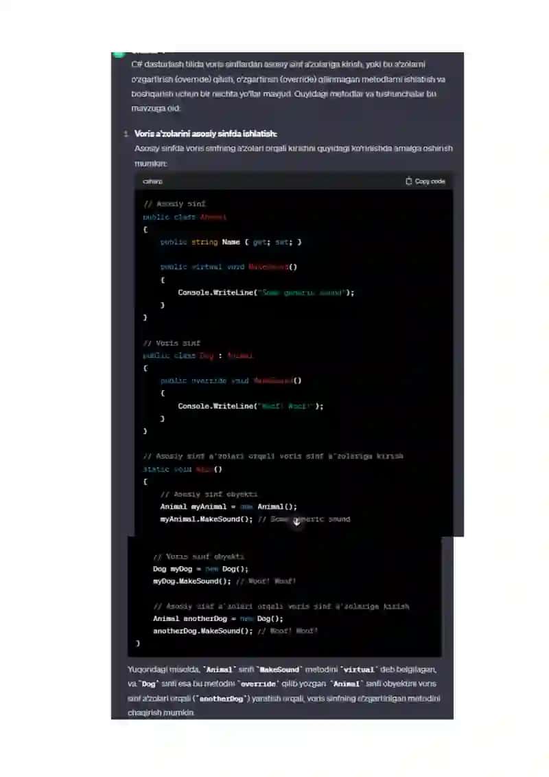 C# dasturlash tilida vorislik, polimorfizm va ichma-ich sinflar 2