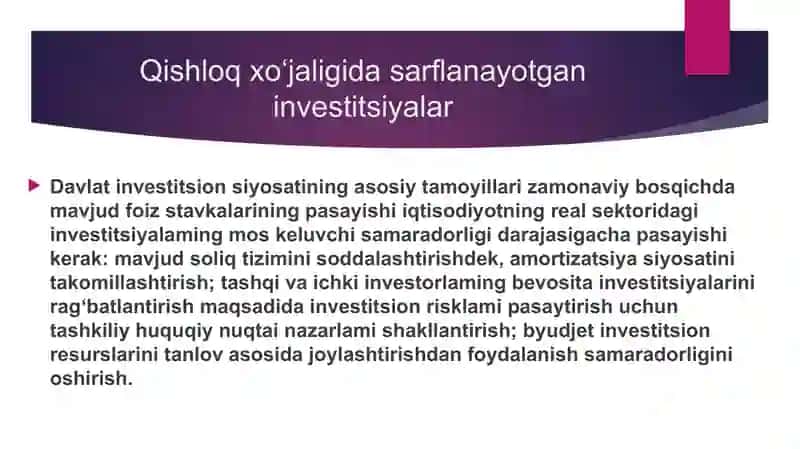 Qishloq xo'jaligining ustuvor yo‘nalishlariga sarflanayotgan investitsiyalar 2 2