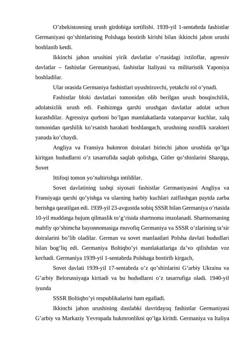 Ikkinchi jahon urushi yillarida o’zbek xalqining fashizm ustidan qozonilgan g’alabaga qo’shgan hissasi 2