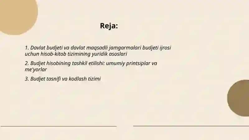 Davlat budjeti va davlat maqsadli jamgarmalari budjeti ijrosi boyicha budjet hisobini tashkil etish 2