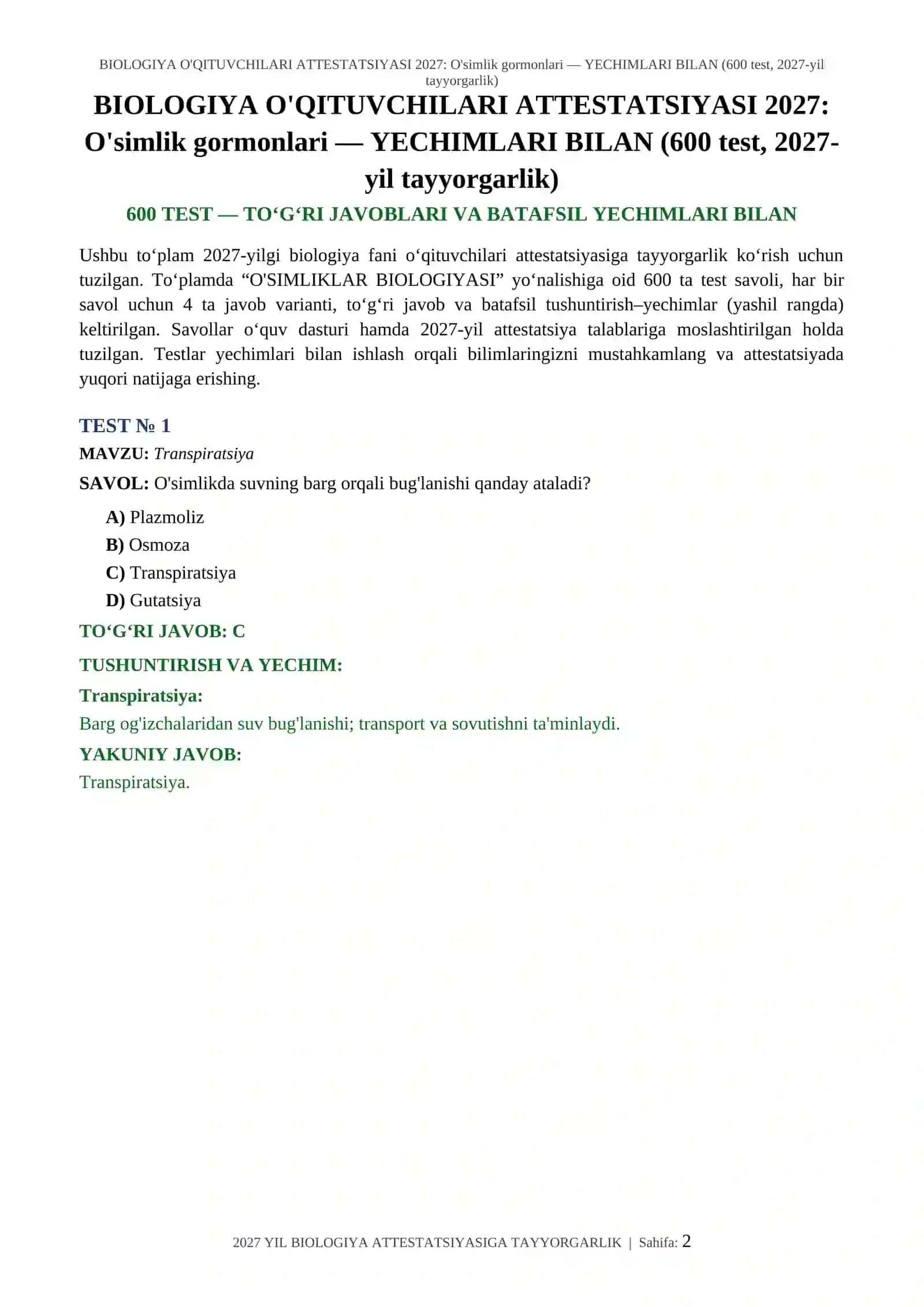 BIOLOGIYA O'QITUVCHILARI ATTESTATSIYASI 2027: O'simlik gormonlari — YECHIMLARI BILAN (600 test, 2027-yil tayyorgarlik) 2