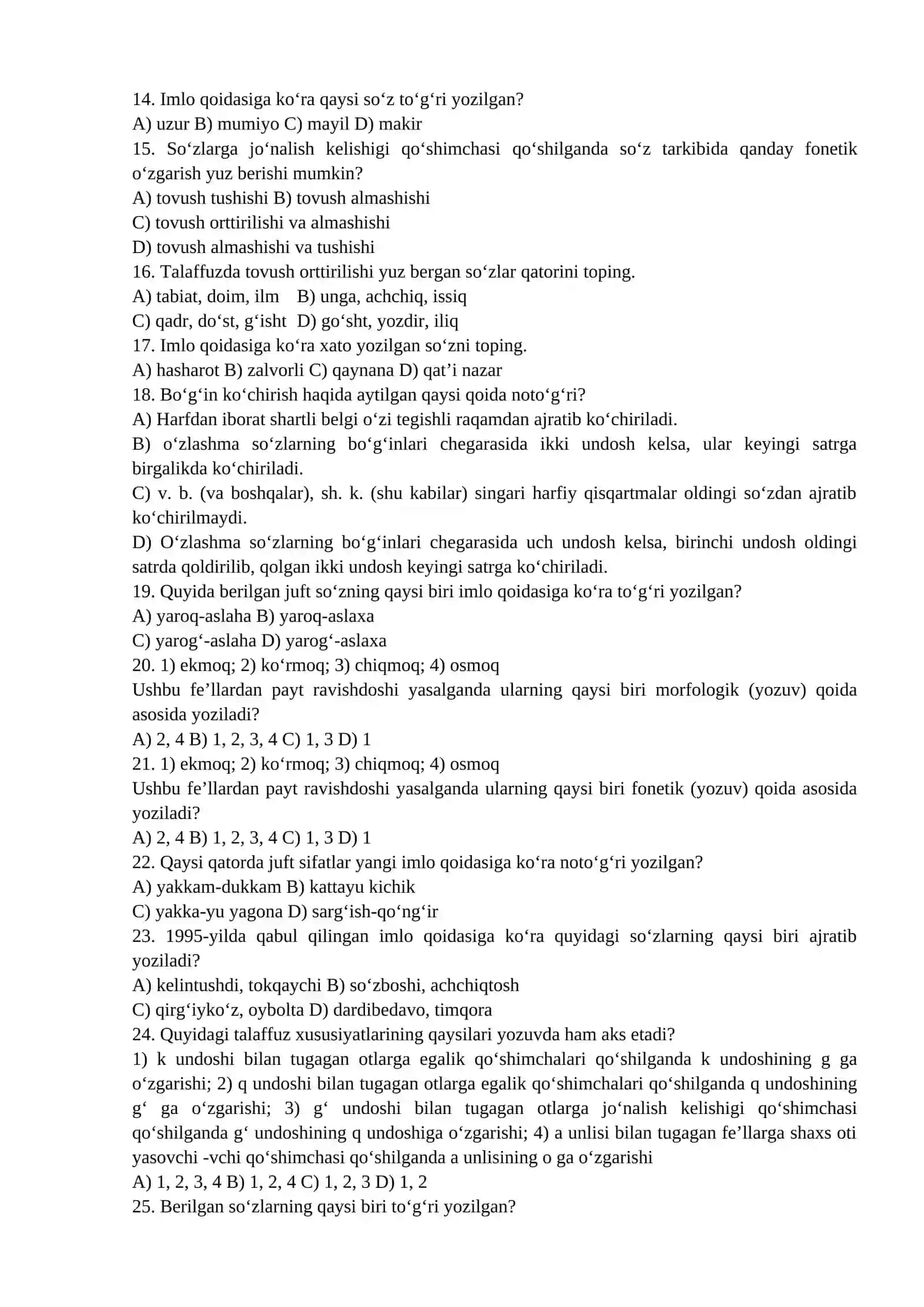 O‘ZBEK TILINING SOHADA QO’LLANILISHI FANIDAN TEST 9-VARIANT 2