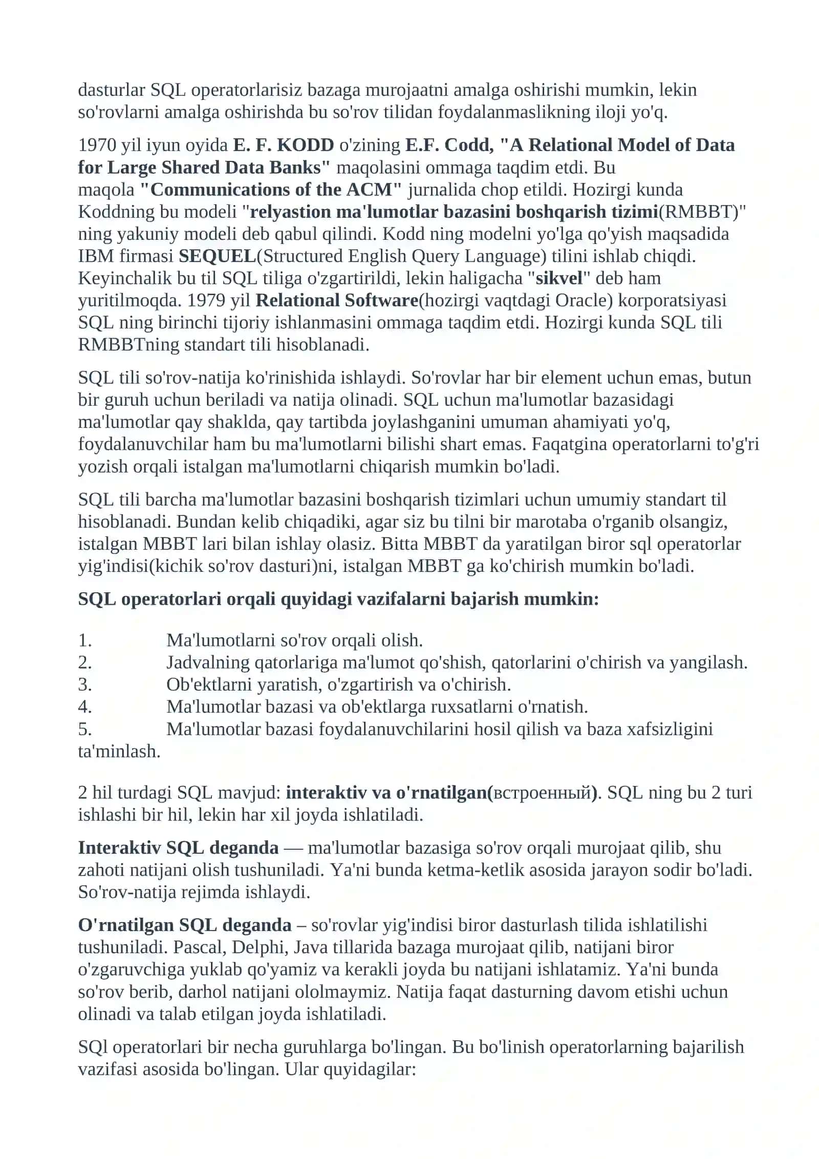 SQL TILIDA MALUMOTLARNI TAVSIFLASH 2