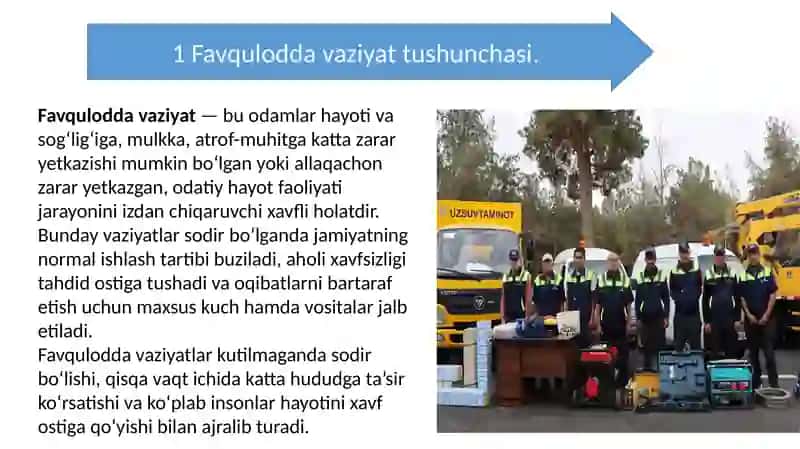 Favquloota vaziyatlarni bartaraf etishdagi kuch va vositalar.Qutqaruv va boshqa shoshlinch ishlarni olib borish 2