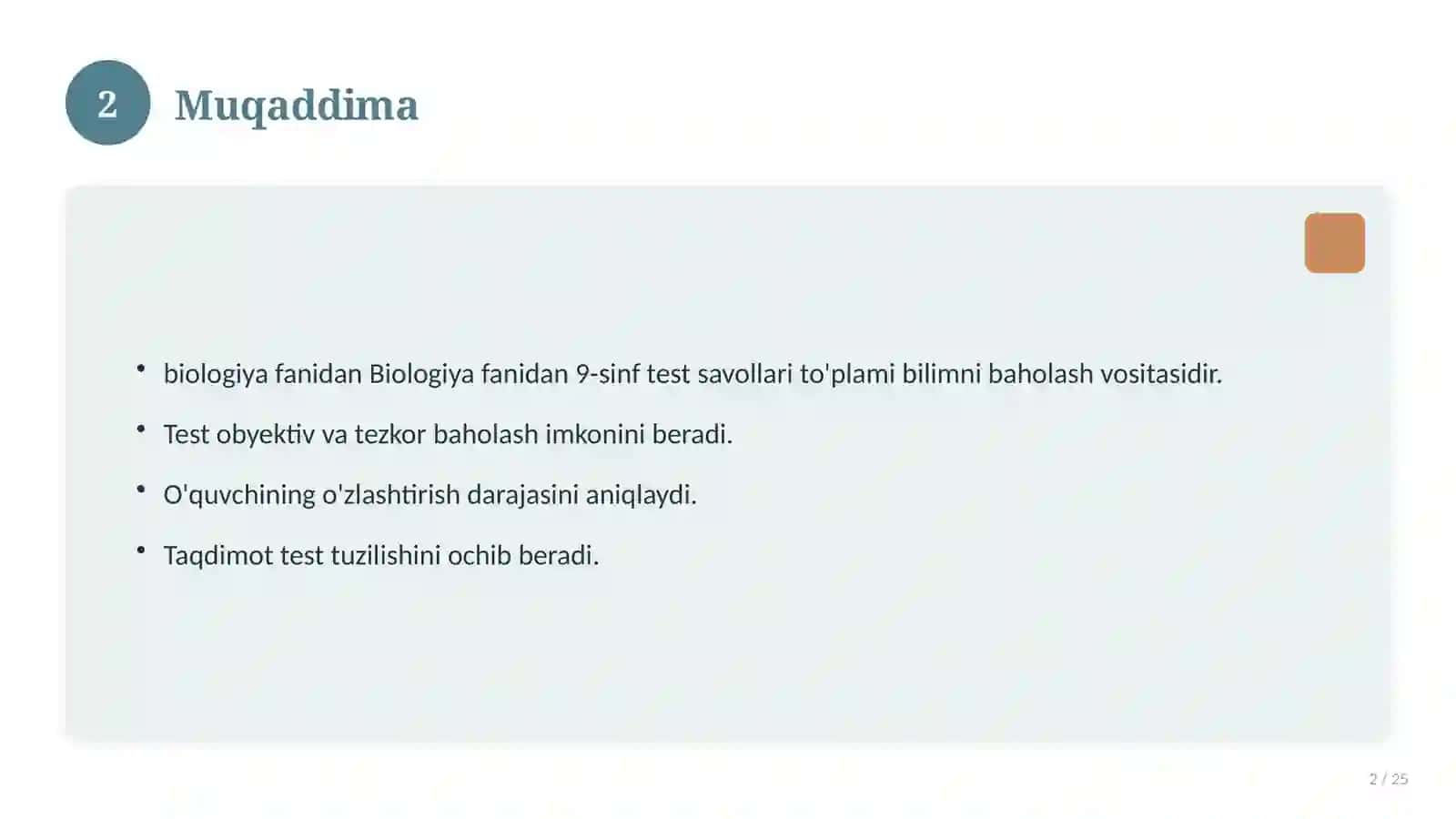 Biologiya fanidan 9-sinf test savollari to'plami 2