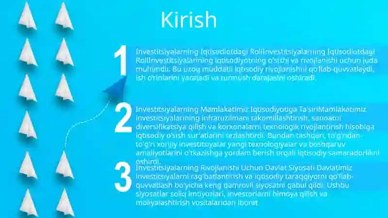 Mamlakatimiz Iqtisodiyotini Rivojlantirishda Investitsiyalarning O'Rni 2