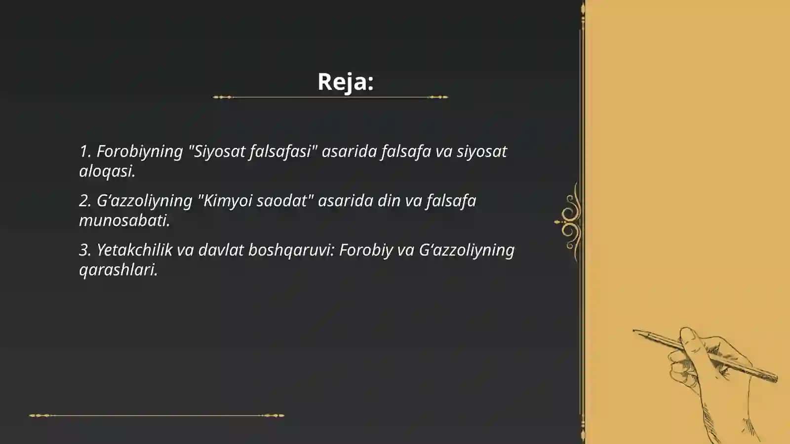 Abu Nasr Forobiy va Imom Gʻazzoliyning falsafa ilmiga oid qarashlarini qiyosiy tahlil etish ( Forobiyning "Siyosat falsafasi" va Gʻazzoliyning " Kimyoi saodat" asarlari asosida) 2