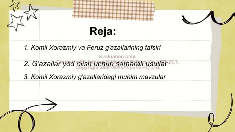 Komil Xorazmiy va Feruz g'azallarini yod olish tahlil qilish 2
