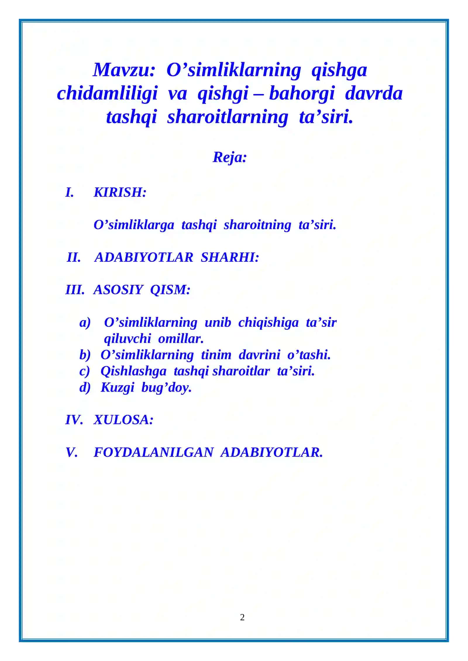 O’simliklar fiziologiyasi fanidan yozgan Kurs ishi 2