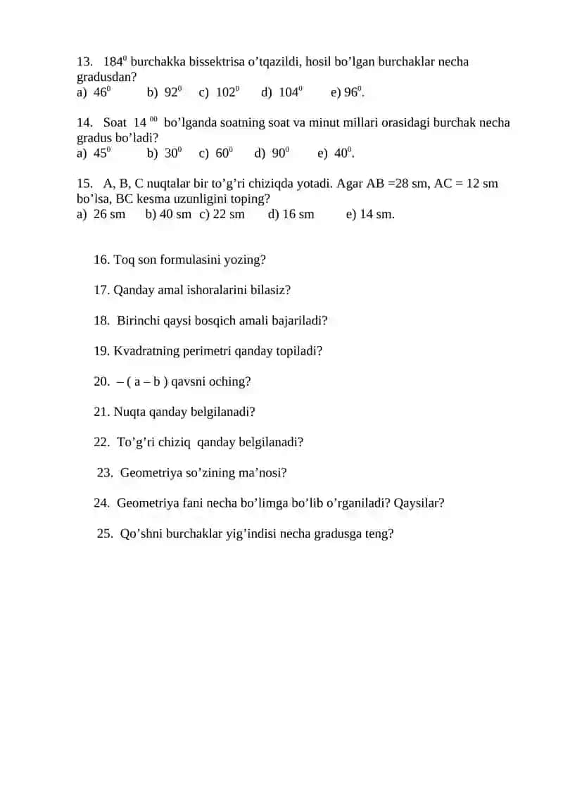 7 - sinf uchun matematika fanidan ochiq testlar 2