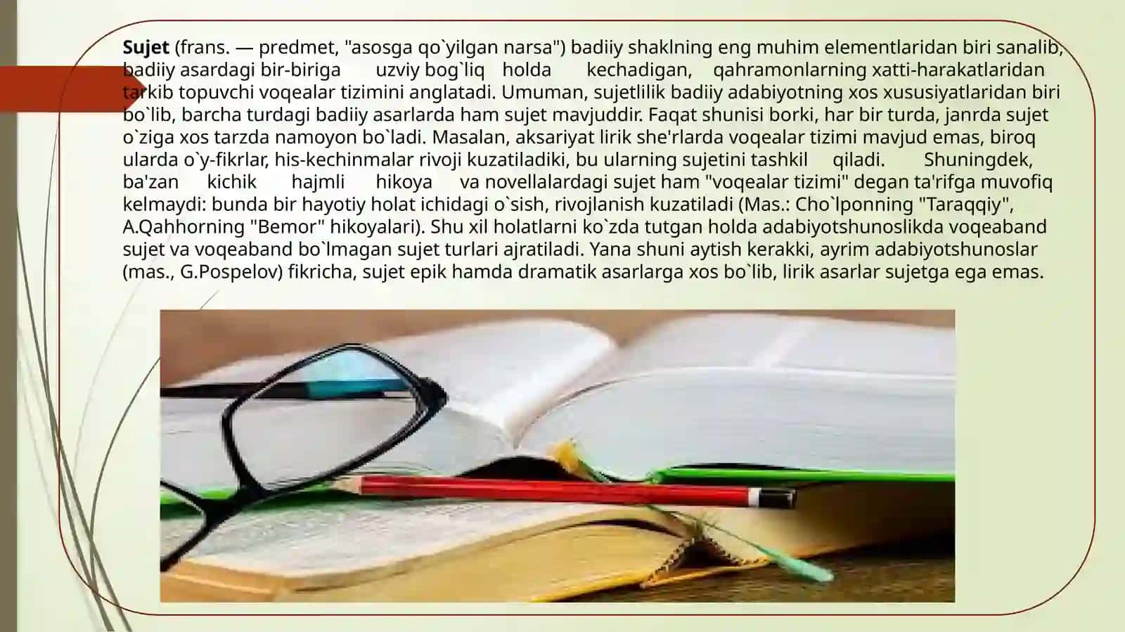 Sujet turlari va elementlari. Badiiy asar kompozitsiyasi. Sujet tashqari kompozitsion vositalar. Badiiy nutq va ifodaviylik 2