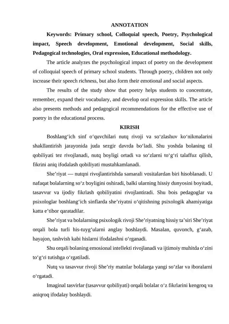 BOSHLANG‘ICH SINF O'QUVCHILARINING SO'ZLASHUV NUTQINI YAXSHILASHDA SHE'RIYATNING PSIXOLOGIK TA'SIRI. 2