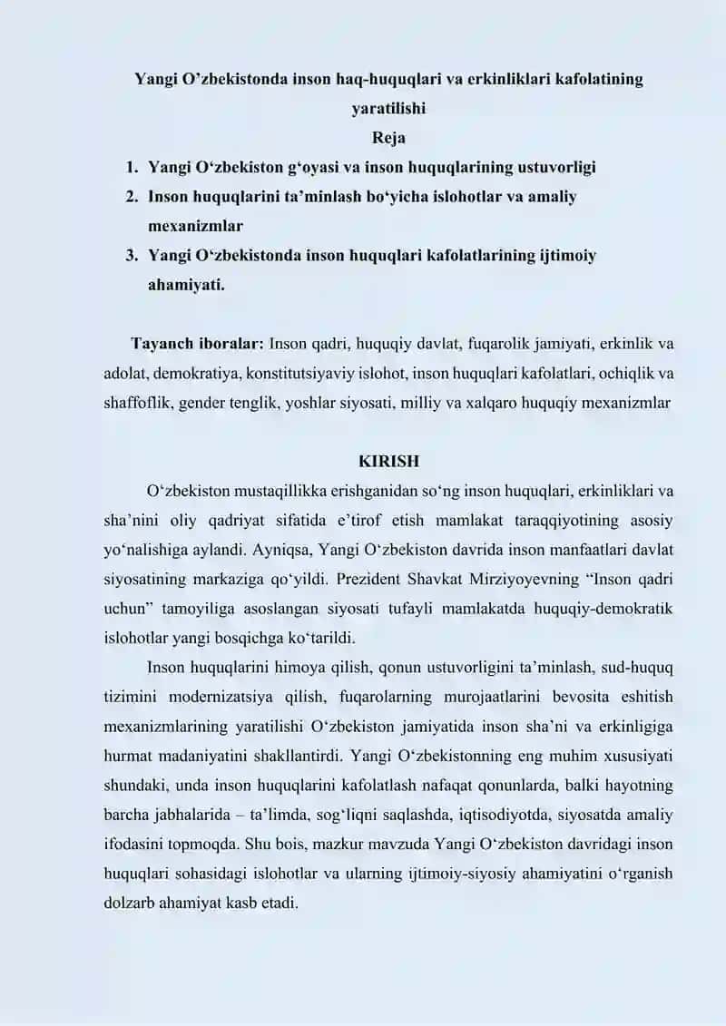 Yangi O’zbekistonda inson haq-huquqlari va erkinliklari kafolatining yaratilishi 2