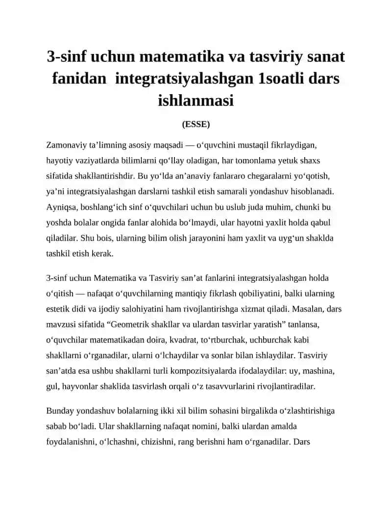 3-sinf uchun matematika va tasviriy sanat fanidan  integratsiyalashgan 1soatli dars  ishlanmasi 2