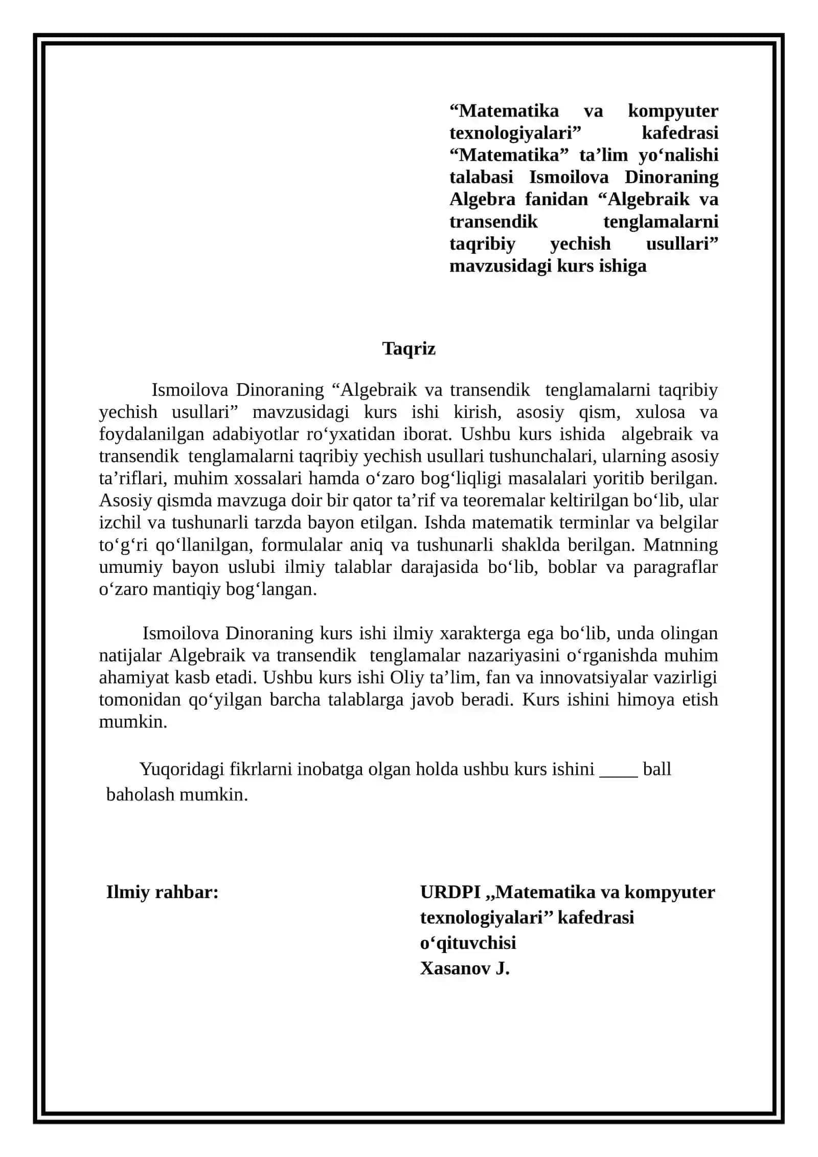 Algebraik va transendik  tenglamalarni taqribiy yechish usullari 2