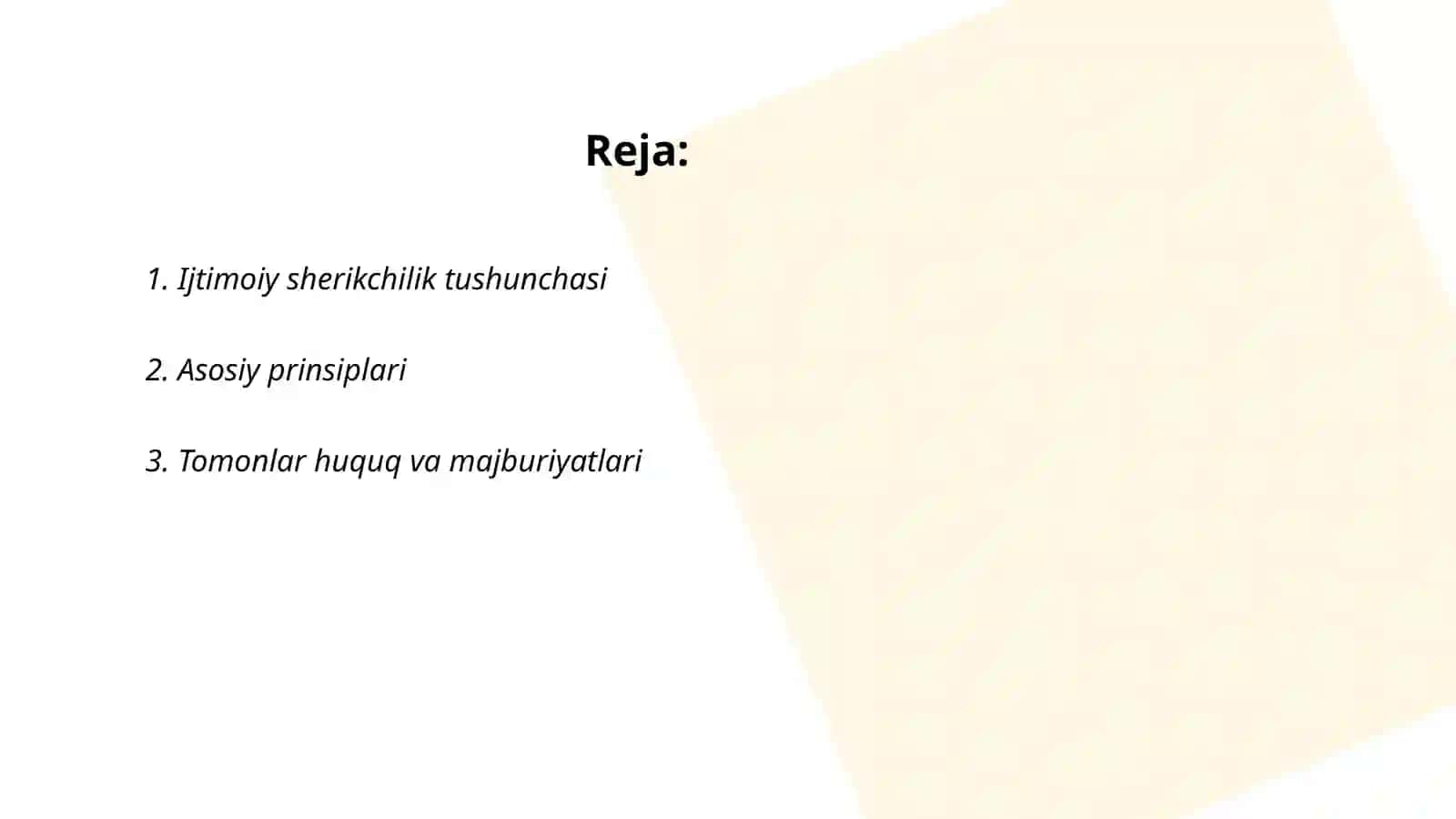 Ijtimoiy sherikchilik tog’risidagi qonunni moddalarini sxema tarzida yasab ber 2