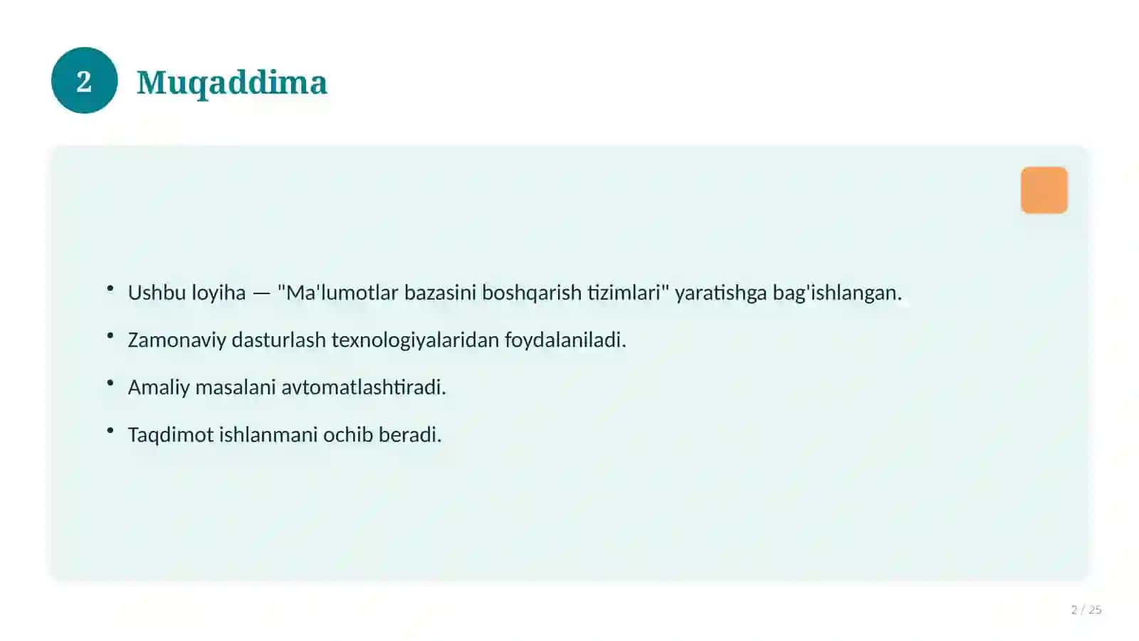 Ma'lumotlar bazasini boshqarish tizimlari 2