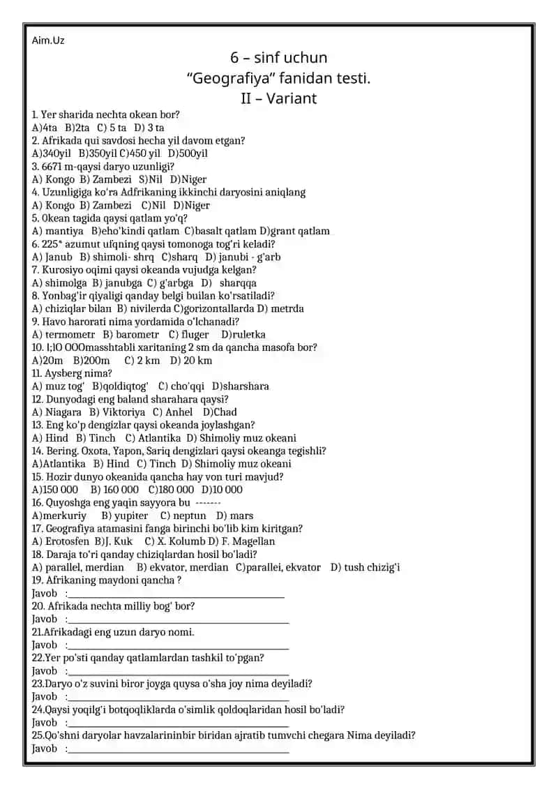 6 – sinf uchun “Geografiya” fanidan testi. I - Variant 2