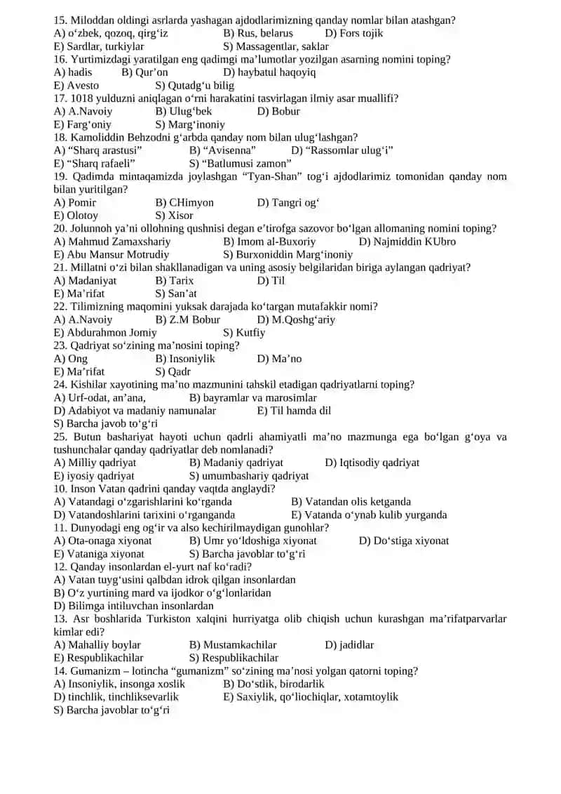 9-sinf Milliy istiqlol g‘oyasi va ma’naviyat asoslari fanidan test savollari (Ikkinchi yarim yillik) 2