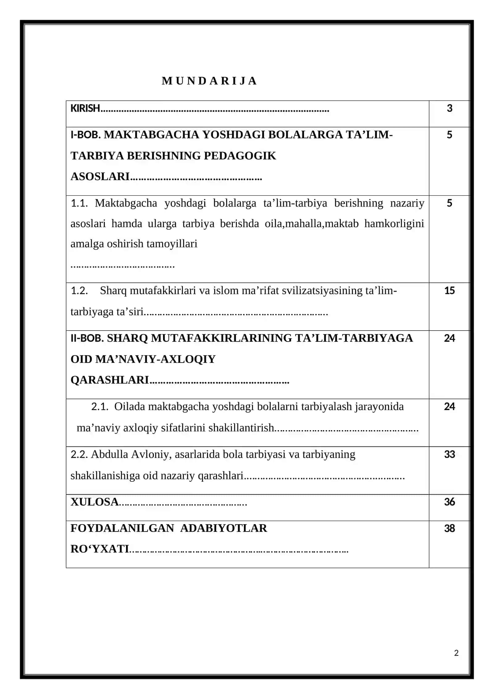 Kurs ishi - MAKTABGACHA YOSHDAGI BOLALARNI TARBIYALASHDA SHARQ MUTAFAKKIRLARINING YONDASHUVI 2