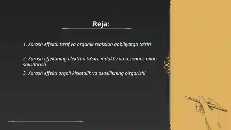 Organik birikmalarning reaksion qobiliyatini Xarash effekti misolida tushintirish 2