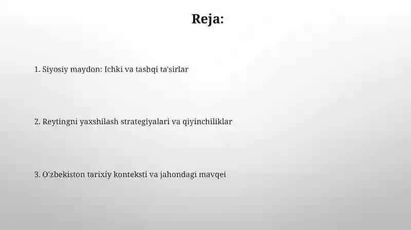 O'zbekistonni halqaro reytinglardagi ko’rsatgichlarini ko’tarishning tarixiy va siyosiy axamiyati 2