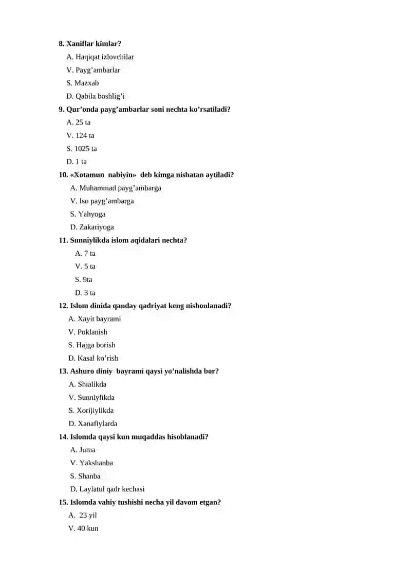 "DINSHUNOSLIK" FANIDAN TEST SAVOLLARI 2