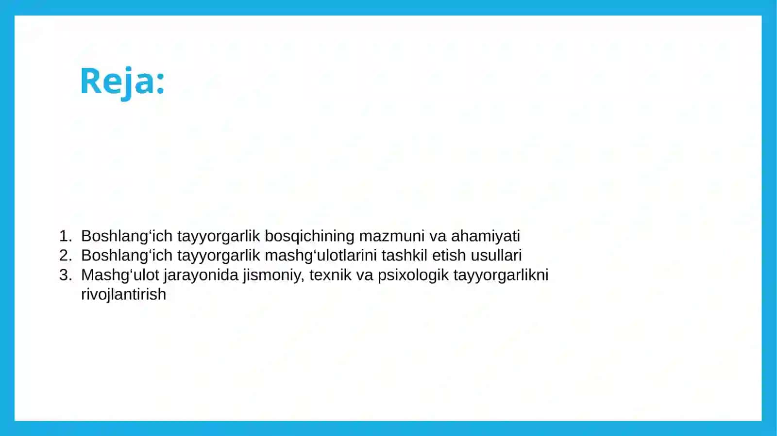 Boshlang'ich tayyorgarlik himoya yakka o'yin taktikasini o'rgatish usullari xaqida bilim doirasini shakillantrish. 2