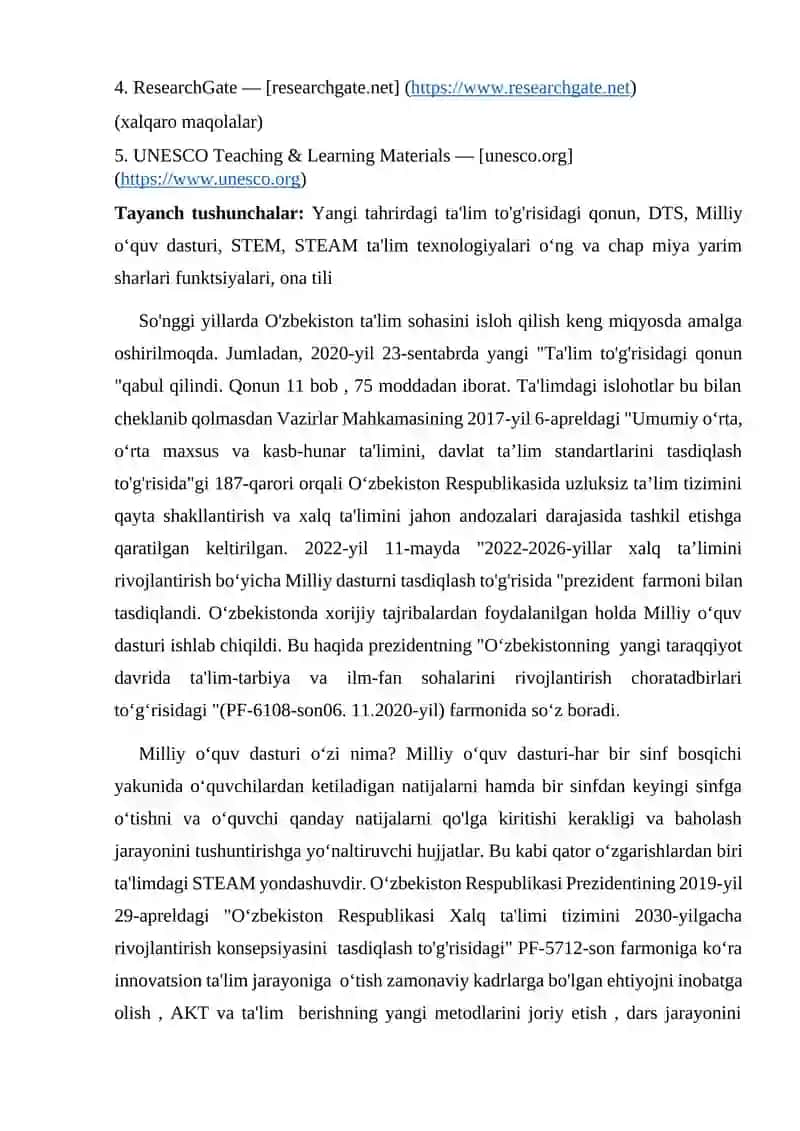 Ta’limda STEAM tizimi va kreativlik. Boshlang‘ich sinf ona tili DTS, dastur va darsliklarida kreativ yonashuv 2