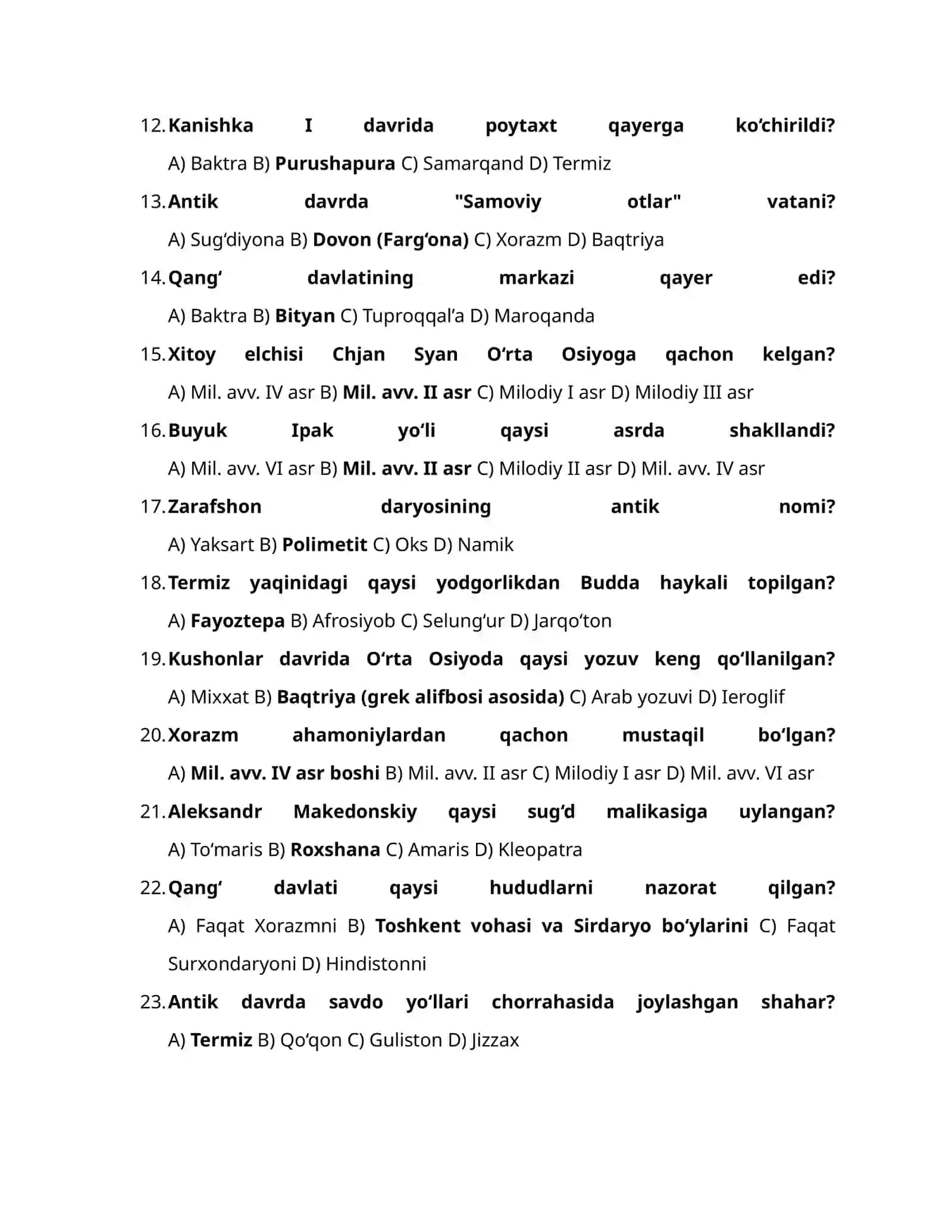 O‘RTA OSIYO ANTIK DAVRI: 100 TA TEST 2
