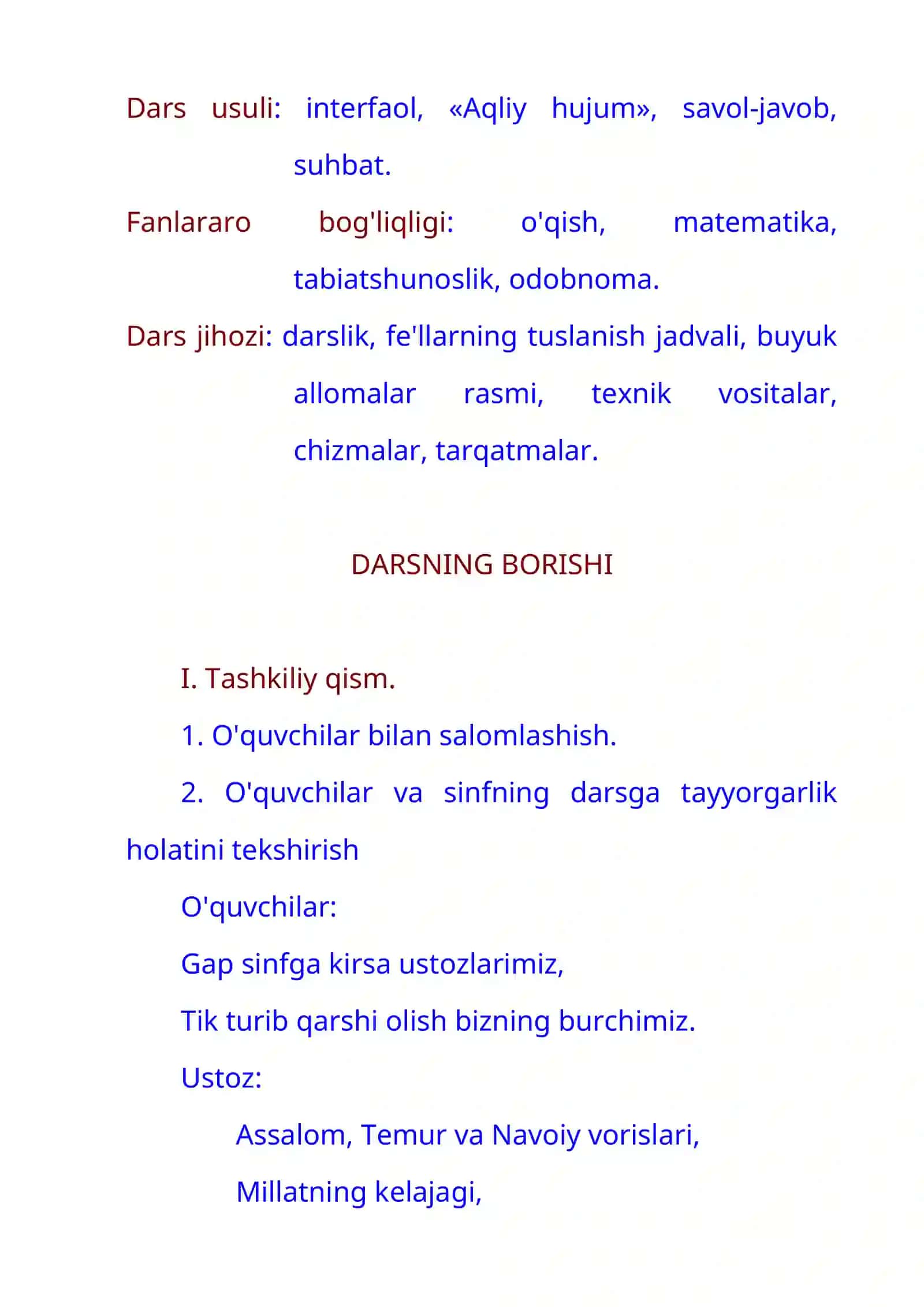 4-sinf Ona tili fanidan dars ishlanma. Fe'llarning tuslanishi 2