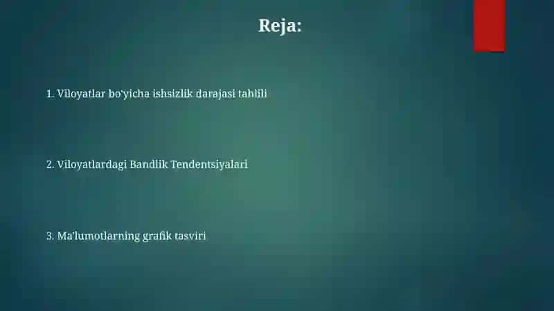 Hududiy (Shimoliy-Sharq, G'arbiy, Janubiy, Markaziy) bandlik va ishsizlik ko'rsatkichlarini (2010-2023) BLS ma'lumotlari asosida tahlil qilish, grafiklar yaratish, farqlarni aniqlash (masalan, Markaziy hududda ishlab chiqarishning pasayishi ishsizlikka ta'sirini), maqsadli kasb-hunar ta'limi dasturlari va infratuzilmaga investitsiyalarni (masalan, qishloq joylariga 5 milliard dollarlik keng polosali internet) taklif qilish 2