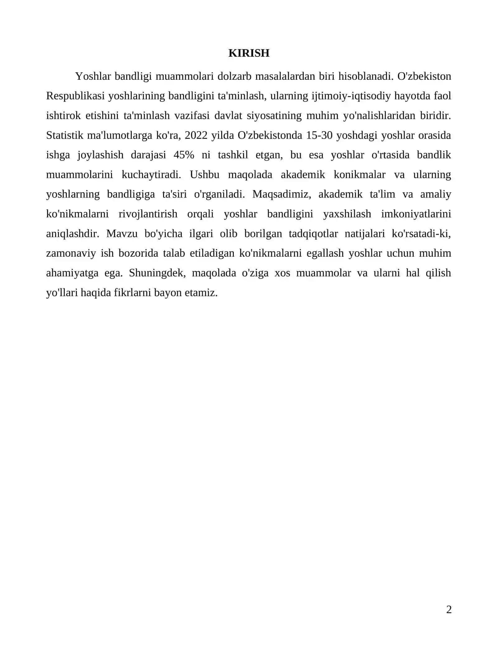 Yoshlar bandligi muammolari va akademik konikmalar 2