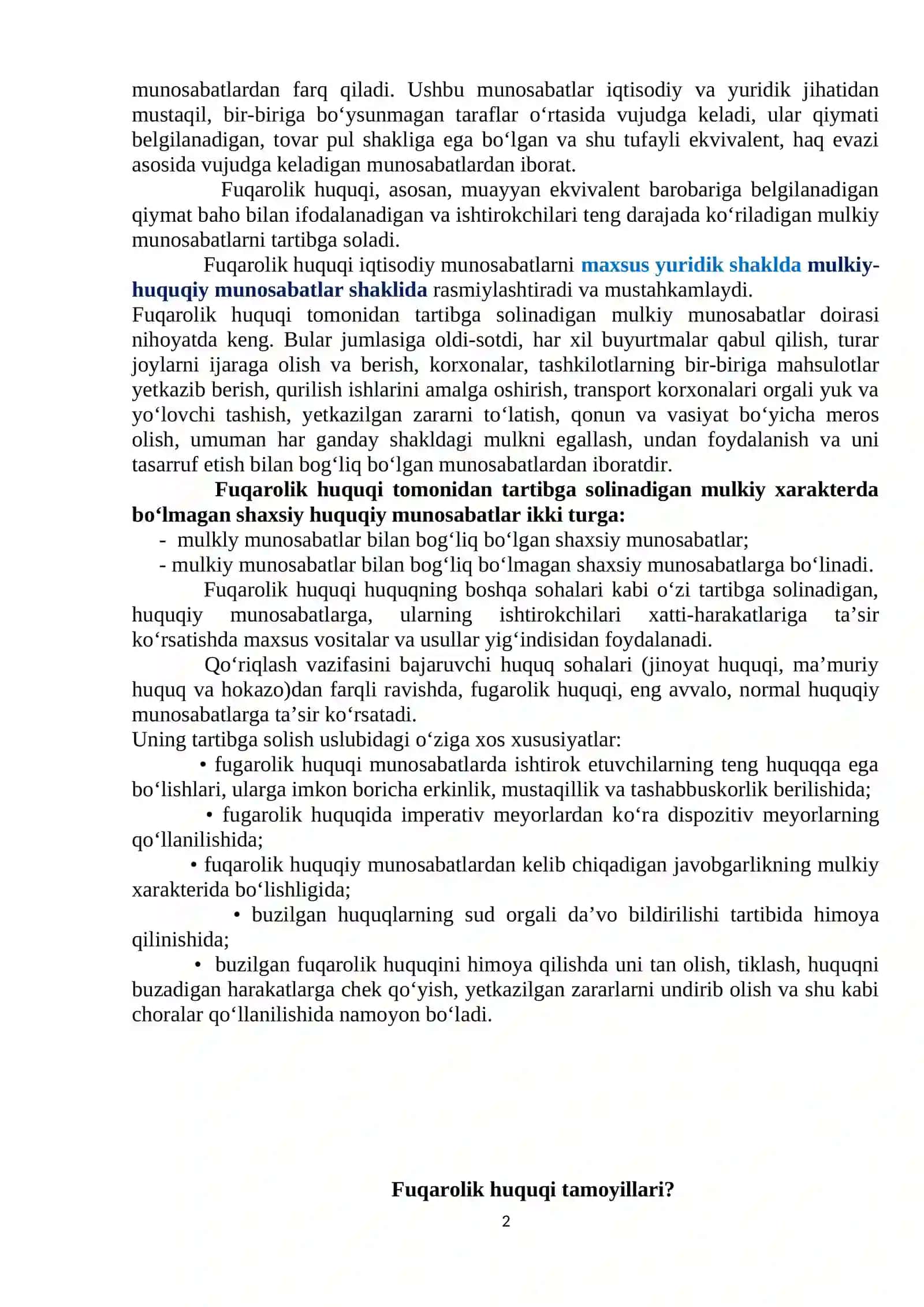 Fuqarolik huquqiga kirish fanining predmeti,tamoyillari va tizimlari 2