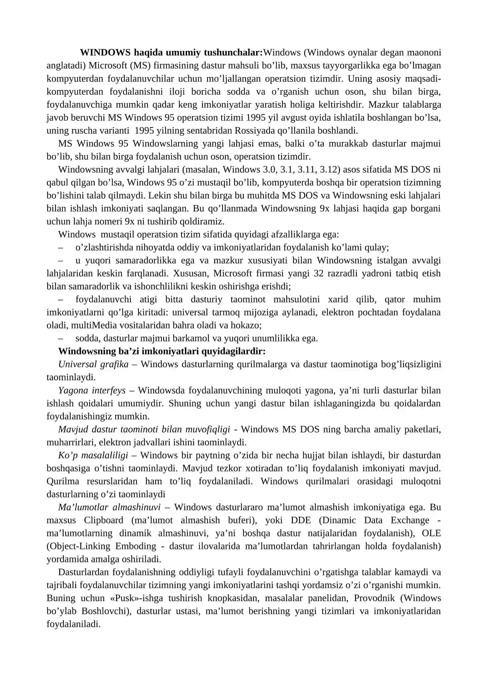 Windows operatsion tizimlari VA UNING IMKONIYATLARI 2