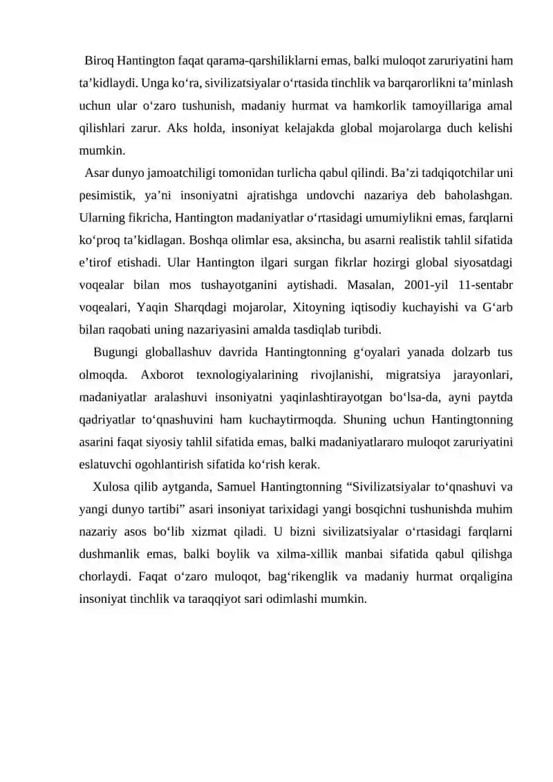 Samuel Hantingtonning “Sivilizatsiyalar to‘qnashuvi va yangi dunyo tartibi” 2