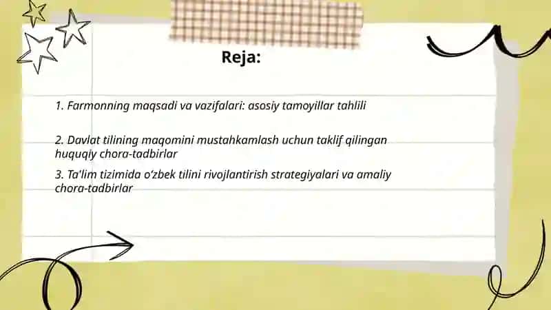 O‘zbek tilining davlat tili sifatidagi nufuzi va mavqeyini tubdan oshirish chora-tadbirlari 2