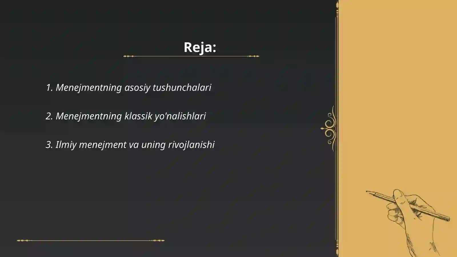 Menejment faniga kirish.Menejment yo'nalishlari.Sog'liqni saqlash tibbiyot muassasasi tibbiy xizmat ko'rsatishning yangi mexanizmlarini joriy gilinishi. menejmentning mumtoz, ilmiy yo'nalishlari, boshqarish tamoyilarining mohiyati,menejment maqsadi va funksiyalari 2
