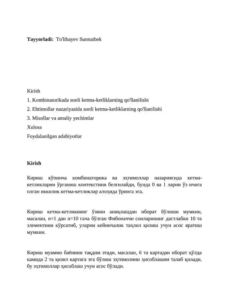 Sonli ketma-ketliklarni kombinatorika, ehtimollar nazariyasidagi tatbiqlar 2
