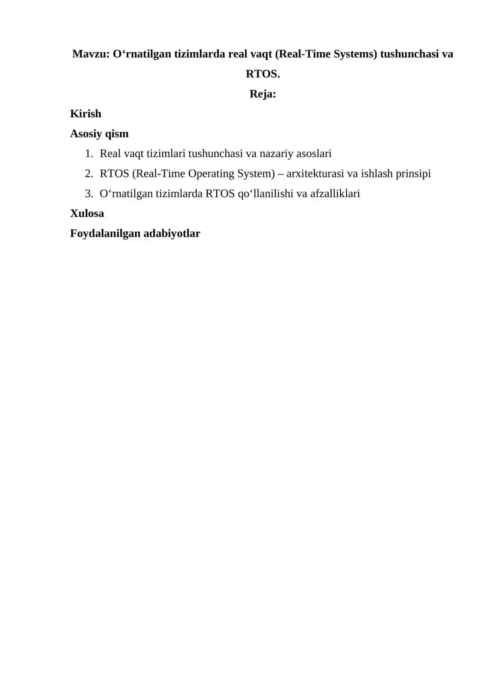 O‘rnatilgan tizimlarda real vaqt (Real-Time Systems) tushunchasi va RTOS 2