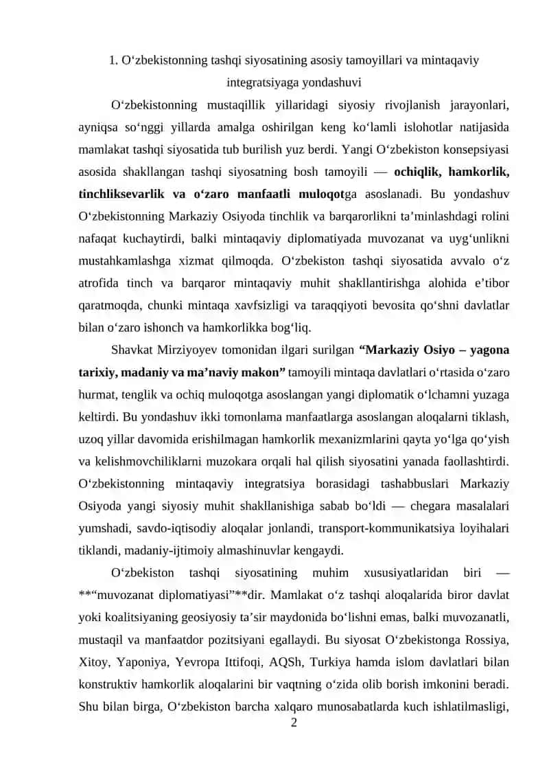 O'ZBEKISTONNING MARKAZIY OSIYODA TINCHLIK VA BARQARORLIKNI TA'MINLASHDAGI O‘RNI 2