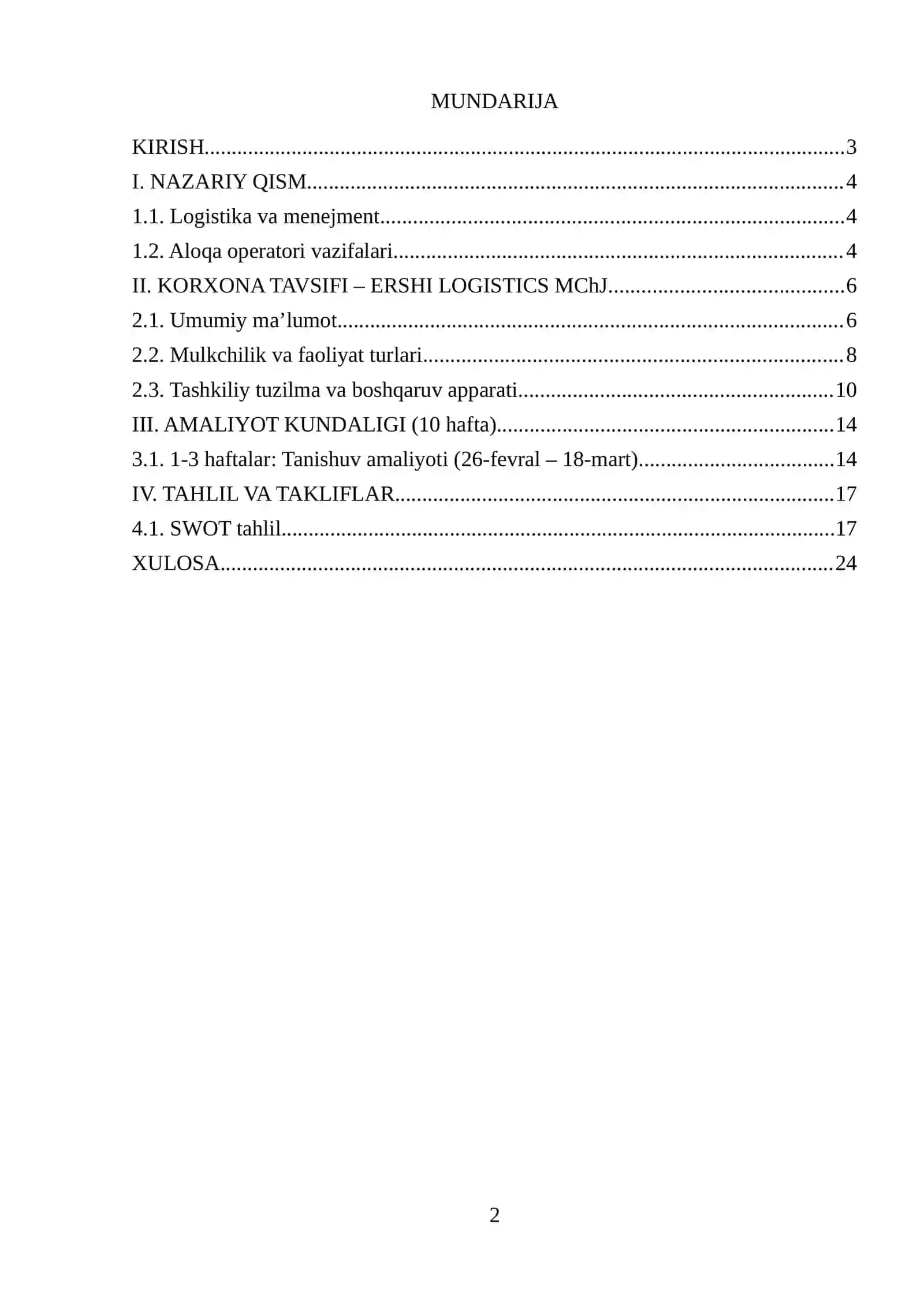 AMALIYOT HISOBOTI. LOGISTIKA FAOLIYAT BOʻYICHA 2
