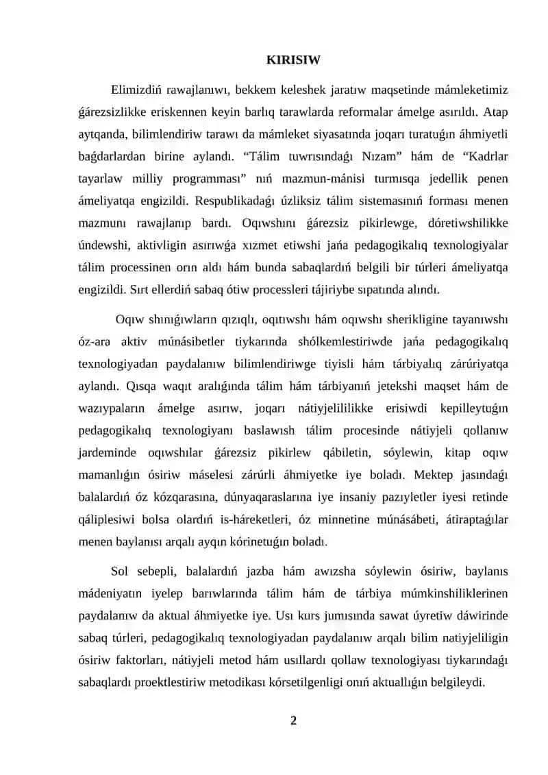 SAWAT ÚYRETIW DÁWIRINDE SABAQ TÚRLERI QARAQALPAQSHA KURS JUMISI 2