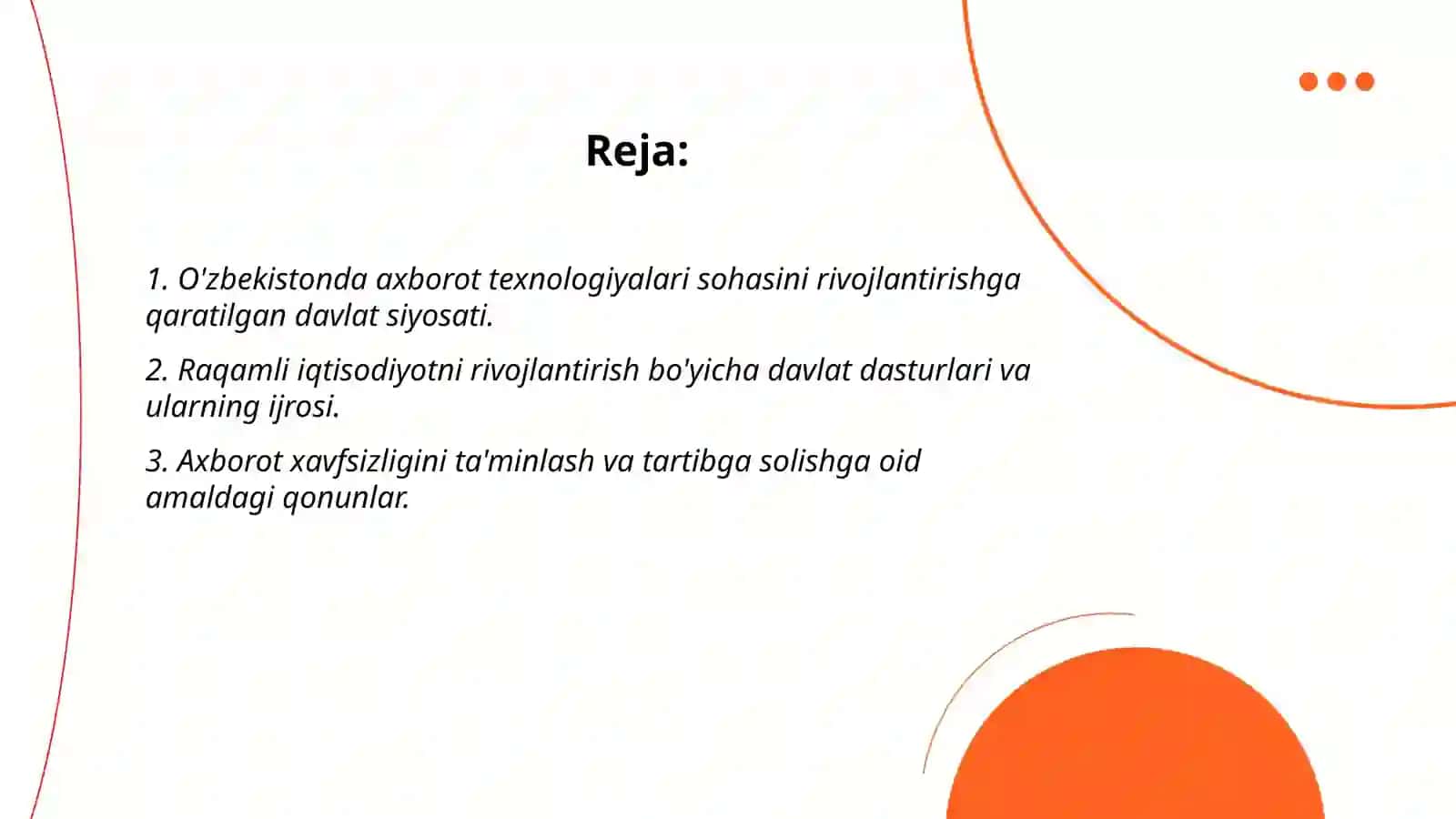 O'zbekistanda axborot kommunikatsiya sohasini rivojlantirishdagi asosiy yo'nalishlari amaldagi qonunlar, Ozbekiston Respublikasi Prezidenti farmonlari va Vazirlar Maxkamasining qarorlari 2