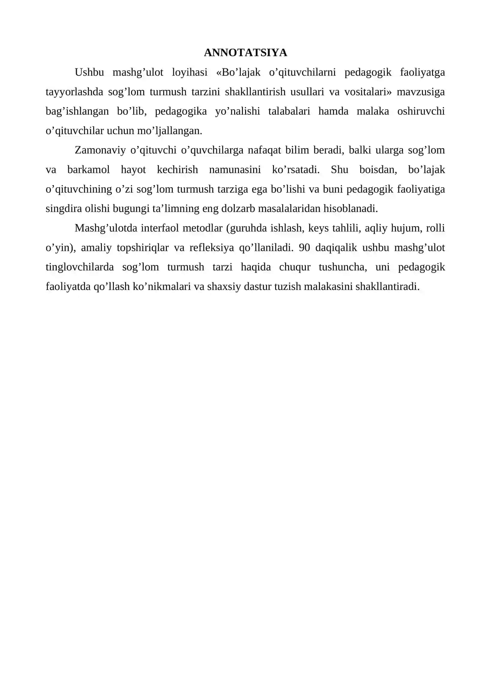 BO’LAJAK O’QITUVCHILARNI PEDAGOGIK FAOLIYATGA TAYYORLASHDA SOG’LOM TURMUSH TARZINI SHAKLLANTIRISH USULLARI VA VOSITALARI 2