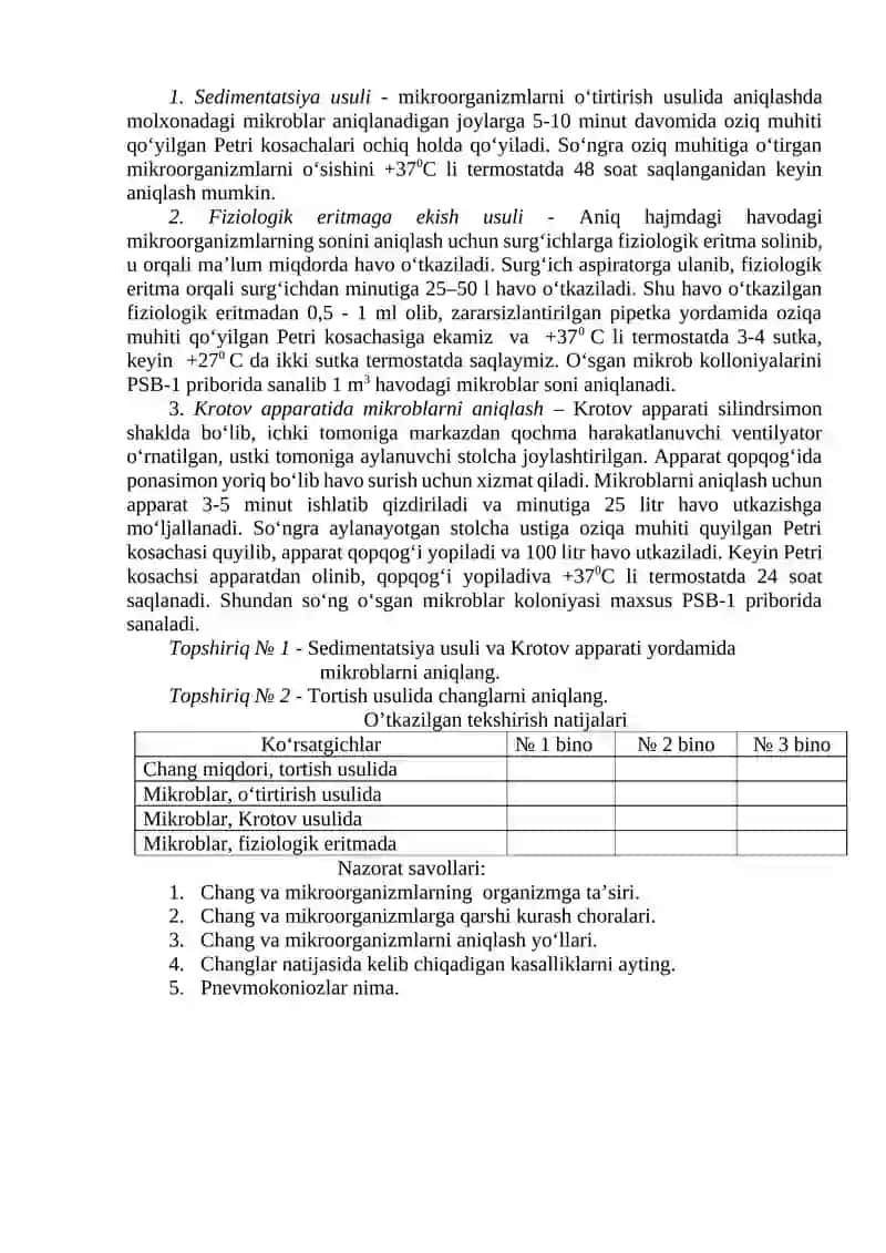 Havodagi chang va mikroorganizmlarni aniqlash 2