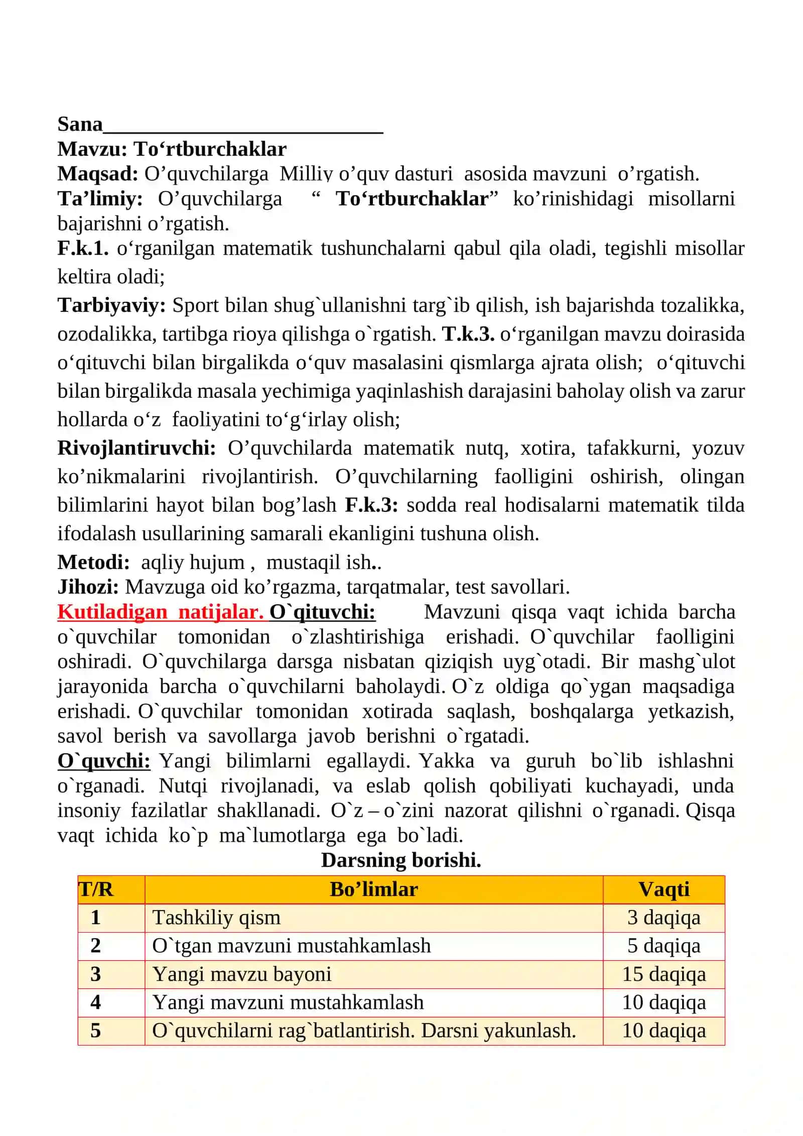 To‘rtburchaklar 1-sinflar uchun Matematika fanidan dars ishlanmasi 2