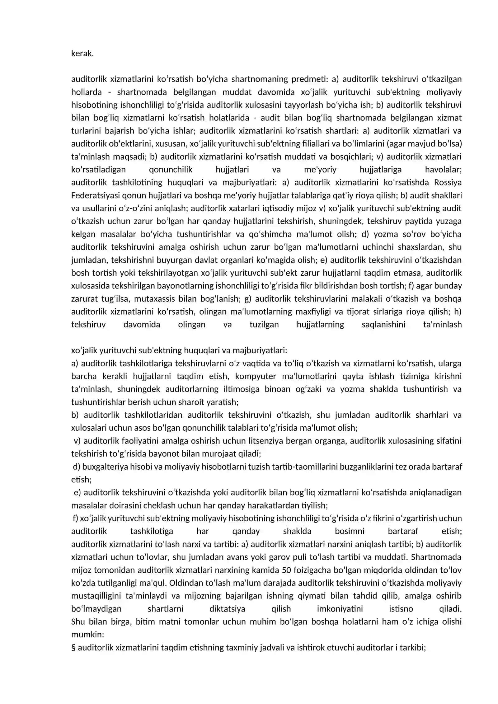 Auditorlik shartnomasi mazmuni va uning shartlarini kelishish xususiyatlari 2