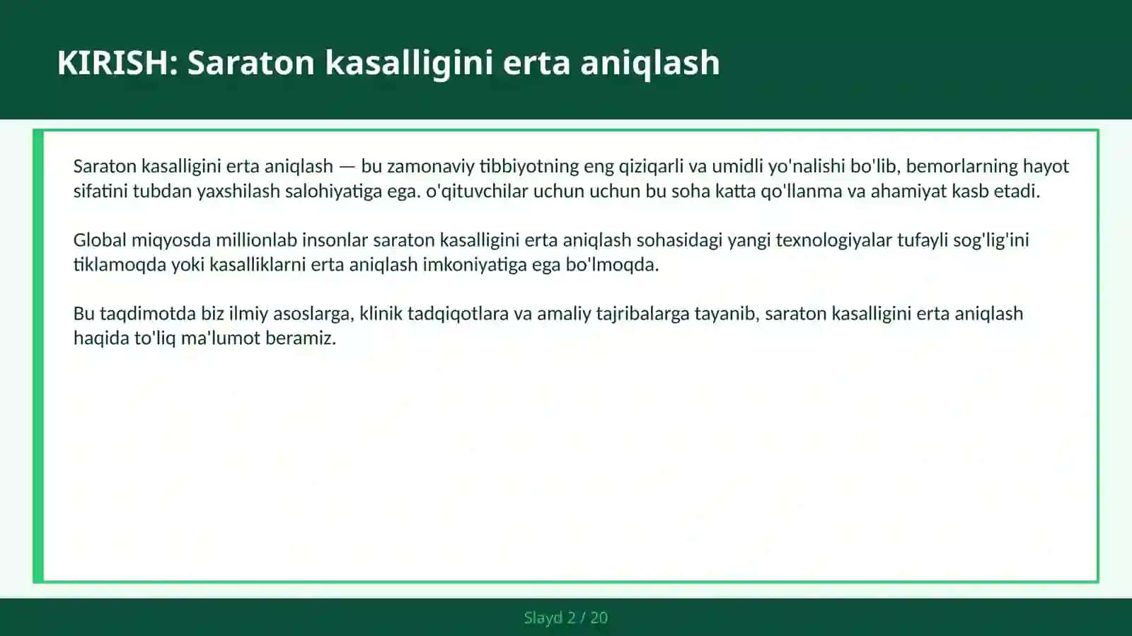 SARATON KASALLIGINI ERTA ANIQLASH SI va onkologiya inqilobi — o'qituvchilar uchun 2