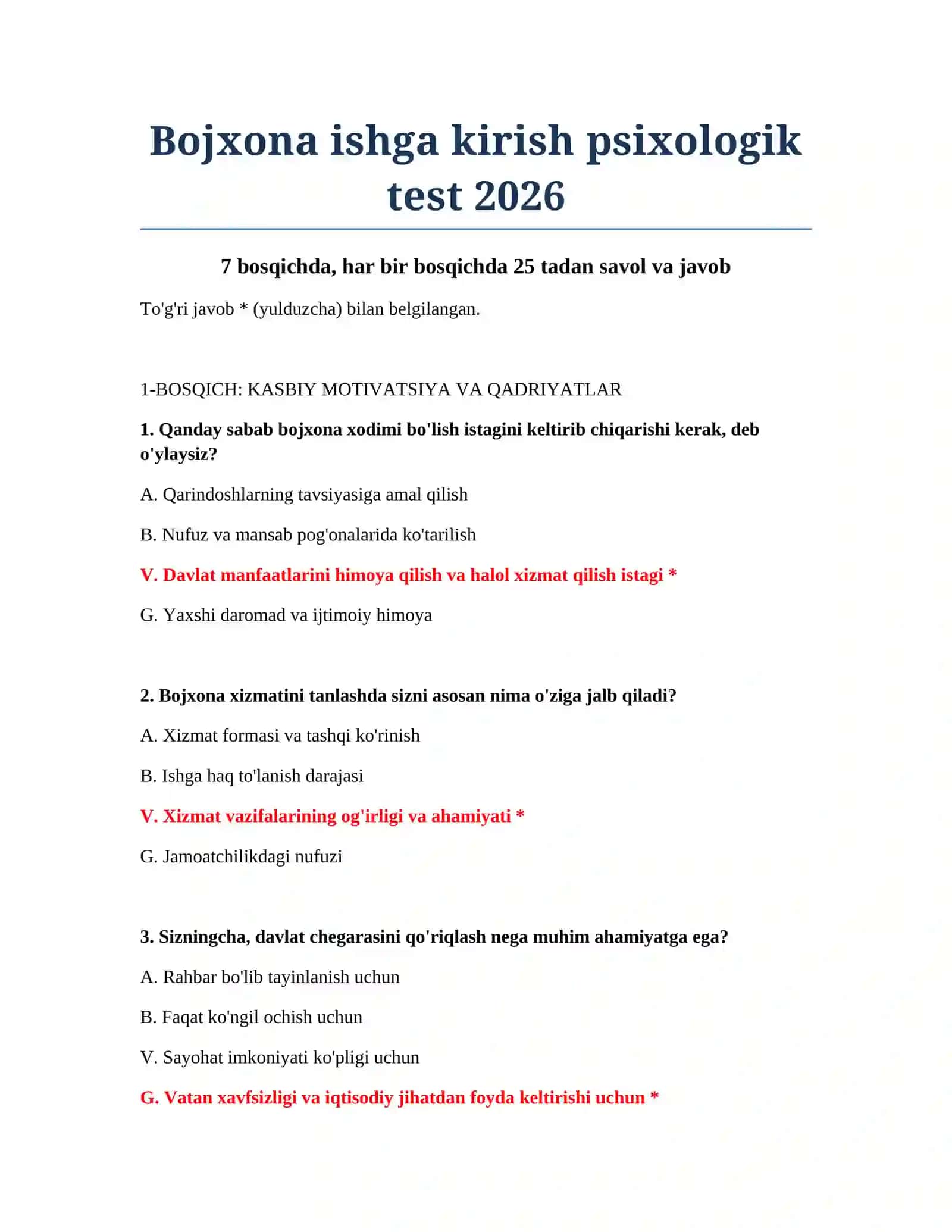 Bojxona ishga kirish psixologik test 2026 2